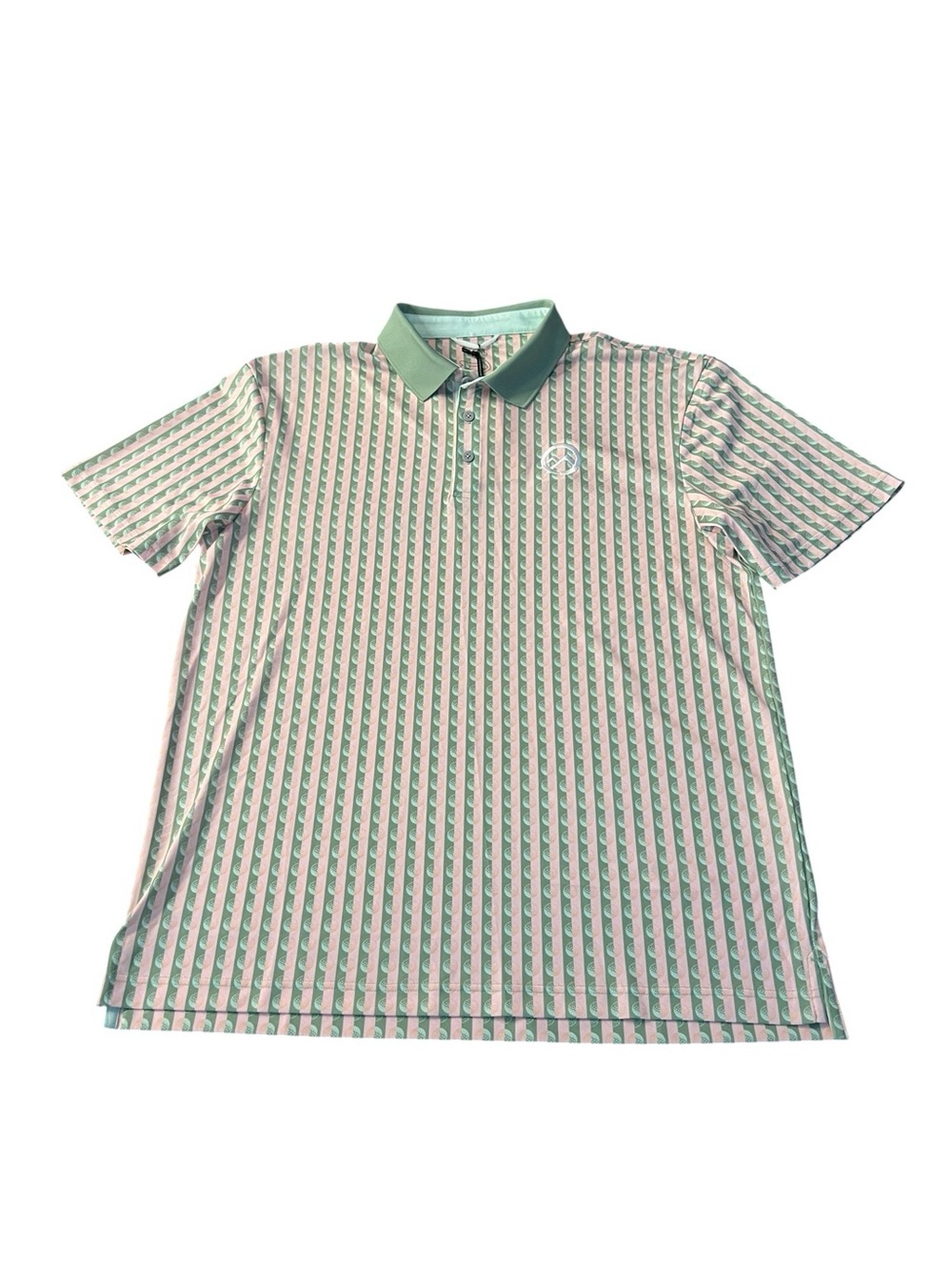 Swannie Co. Stripes and Golf Ball Print Green and Pink Men’s Polo Shirt NWT